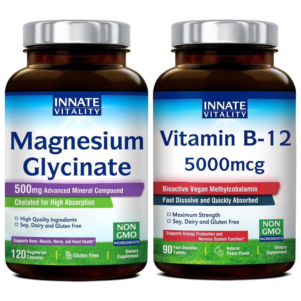 Innate Vitality Magnesium Glycinate & Vitamina B12 Bundle, No Gluten & Vegan, Magnesio (120 caps) & Vitamina B12 (90 schede di dissolve veloci), Valore Pack, Bundle & Save