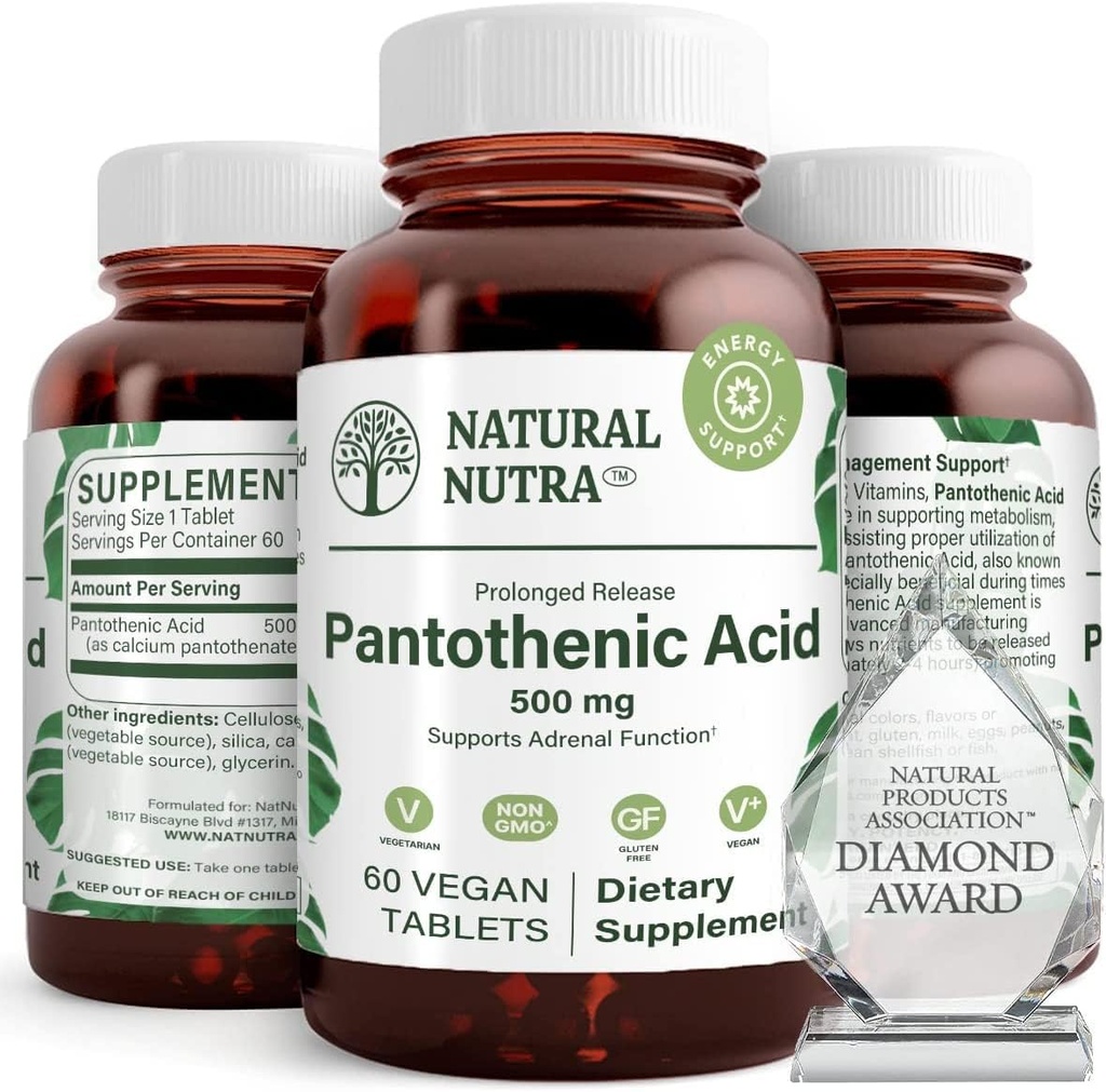 Acido pantotenico naturale di rilascio di Nutra 500 mg, supplemento di vitamina B5 aiuta a rompere grasso e carboidrati, metabolismo ed energia, migliorare la salute del muscolo, 60 compresse vegetariane (3 pacchetto)