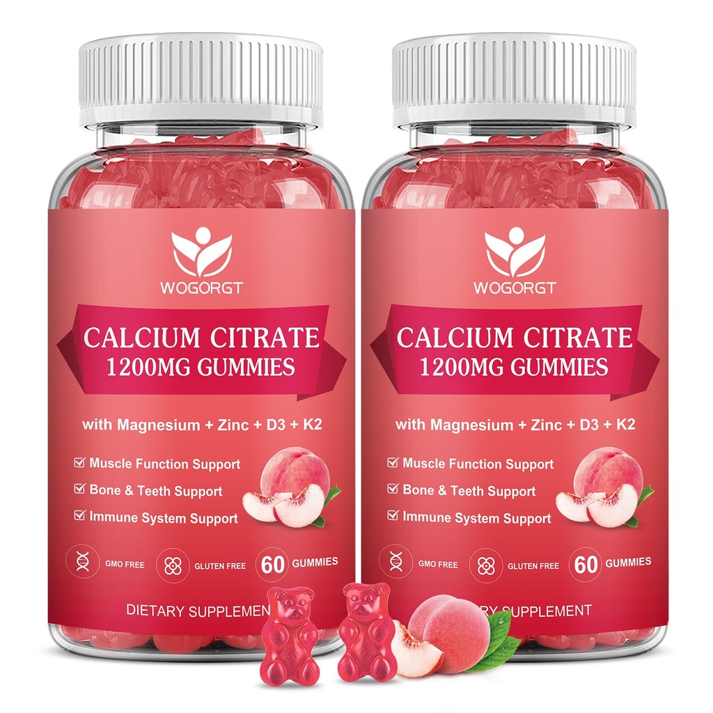 Citrato di calcio 1200mg Gummies con vitamina D3, K2 - Zinco di Magnesio di calcio masticabile d3 supplemento con l'estratto di moss di mare per ossa, denti, supporto immunitario per le donne e gli uomini, Peach Flavor-60 Gummies(2Pack)