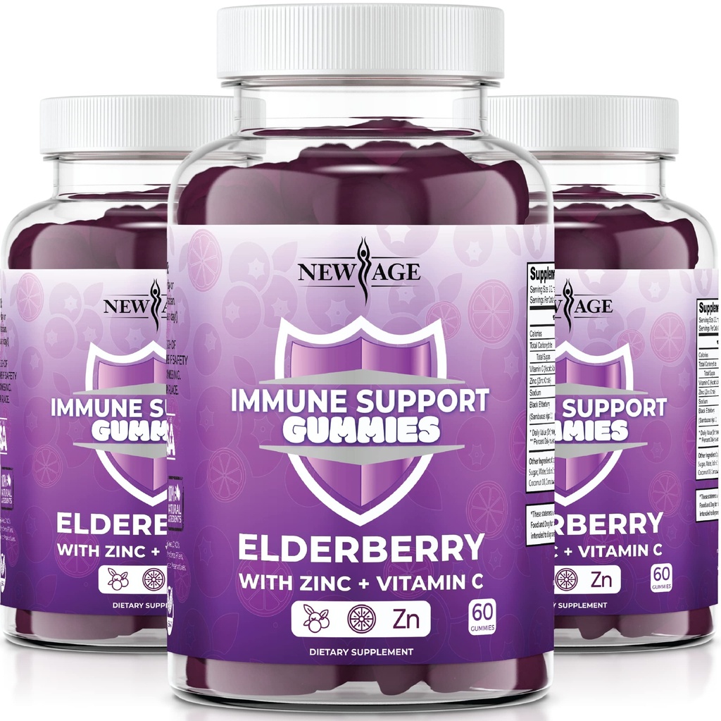 NEW AGE Immune System Support Gummies - Sambucus Black Elderberry Gummies con vitamina C e zinco (Supporto immunitario 180 Gummies)