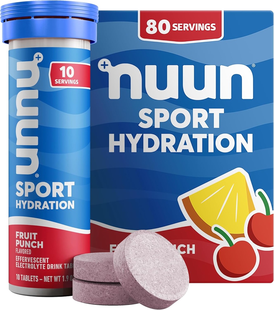 Nuun Sport Electrolyte Tablets con Magnesio, Calcio, Potassio, Cloruro & Sodio, Gluten Free & Vegan, Fruit Punch, 8 Pack (80 Servings Total)