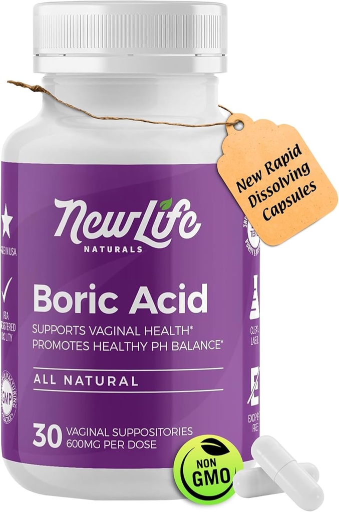 NewLife Naturals - Suppositori di acido borico per pillole di bilanciamento del pH delle donne - 600mg - Cura femminile - Vaginal Odor Itching Discharge BV | Made in USA | 30 Capsule