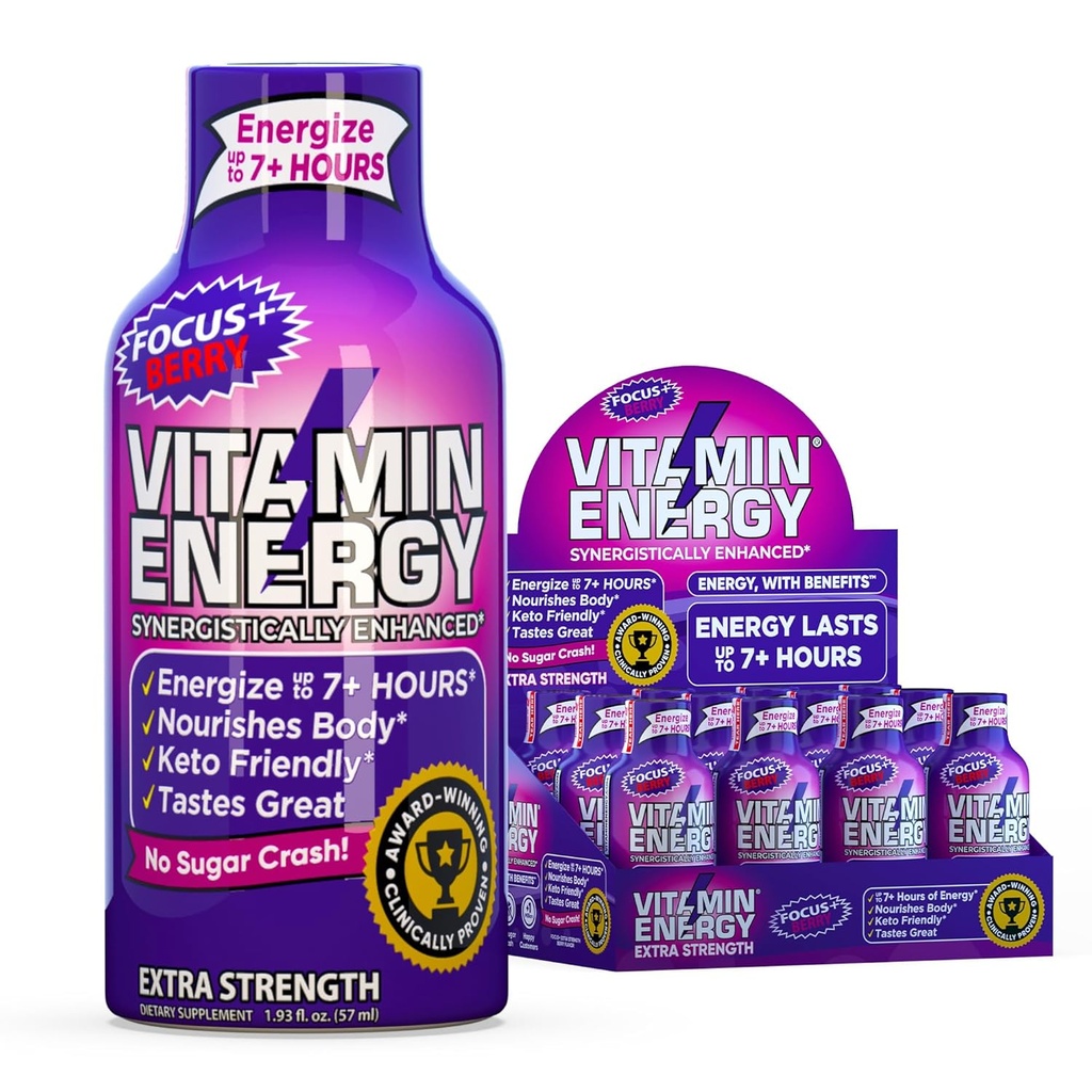 Vitamin Energy Focus+ Extra Strength Energy Shot Berry 4 Pack, 260mg Natural Caffeine, B-Vitamins, CoQ10, Aminoacidi, Focus, Produttività & Clarity, Zero Sugar, Gluten-Free, 1.93 fl oz