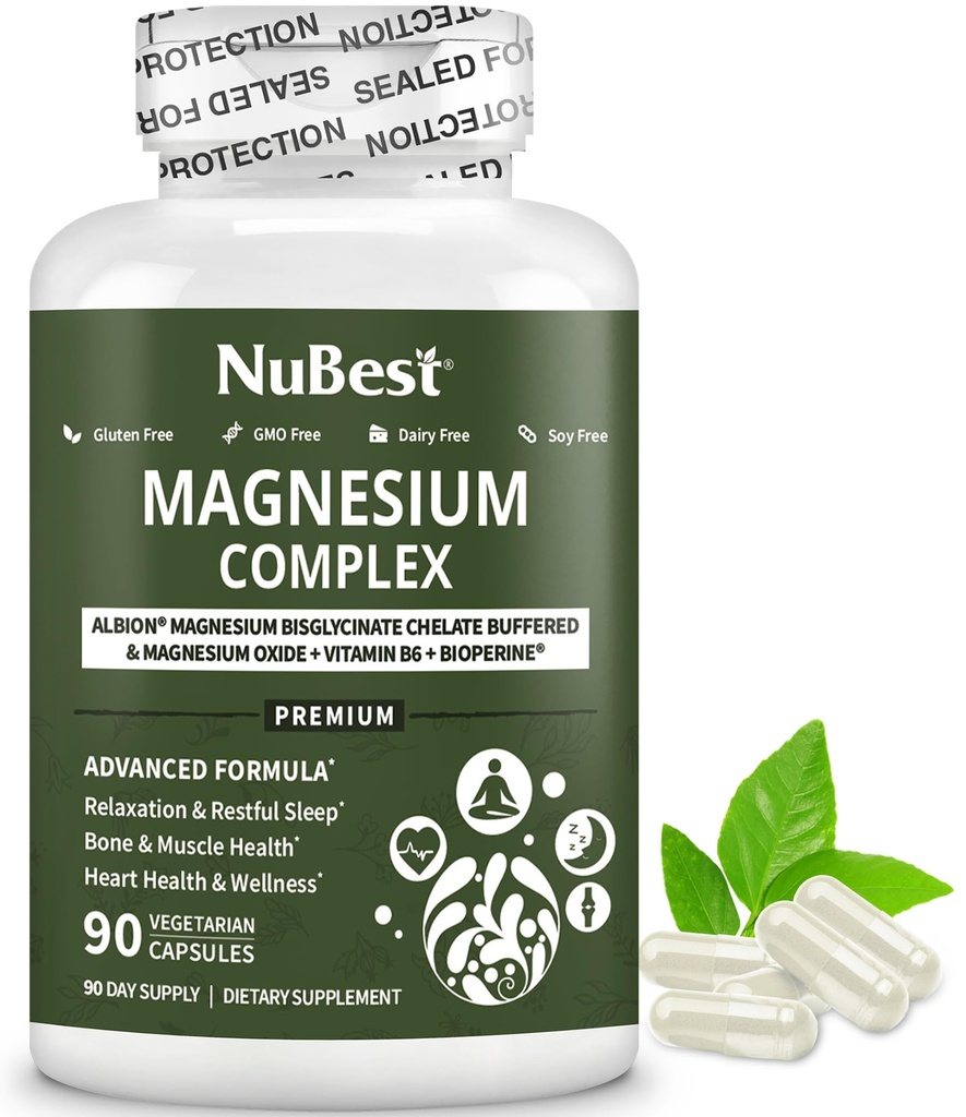 Magnesio Glycinate Chelate Complex con Albion Magnesium Bisglycinate Chelate, Vitamina B6 & BioPerine per Bone, Muscolo, Sonno Naturale, Funzione Nerve, Brain Booster | 1 Mese di Alimentazione
