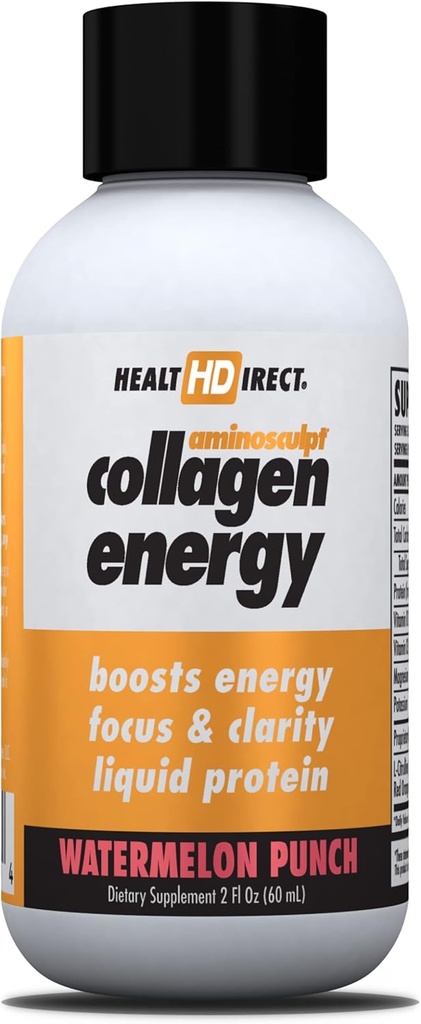 HEALTH DIRECT - AminoSculpt Collagen Energy - Liquid Collagen per Idratazione, Circolazione, Energia - Vitamina B12, Elettroliti, L-Citrullina, Amla - Watermelon Punch - 12 Pack (Fl Oz), 12 Serve