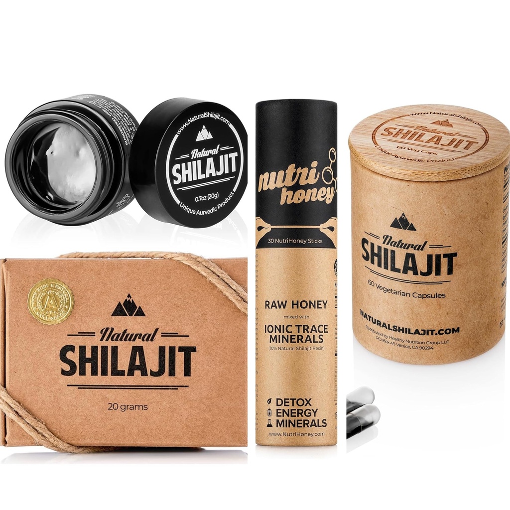 NATURAL SHILAJIT Resina 20G, Shilajit Honey Sticks 30 Count Capsule 60 Count