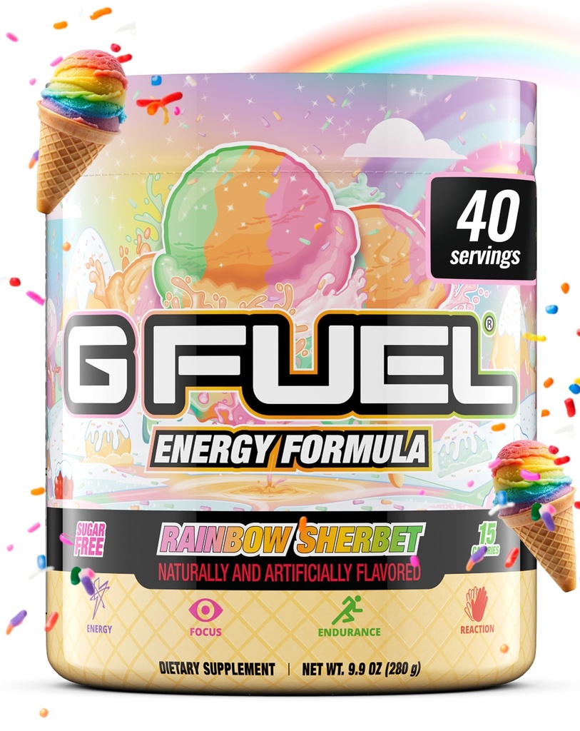 G Fuel Rainbow Sherbet Energy Drink Powder, Pre Workout Caffeine Mix for Gaming, Sugar Free Focus Amino, Vitamin + Antiossidanti, 9.9oz (Rainbow Sherbet, 40 Servings)