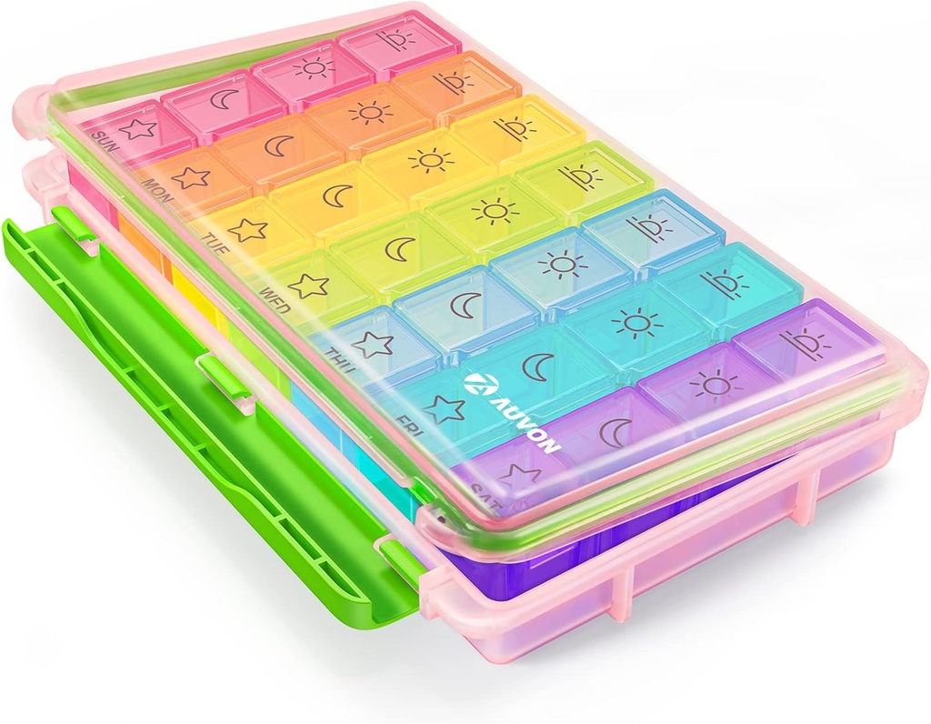 AUVON iMedassist Moisture-Proof Weekly Pill Organizer 4 volte al giorno, Large 7 Day Pill Box Case con Design portatile per il viaggio, Recipienti individuali rimovibili Tenere vitamine, Supplementi, Farmaci