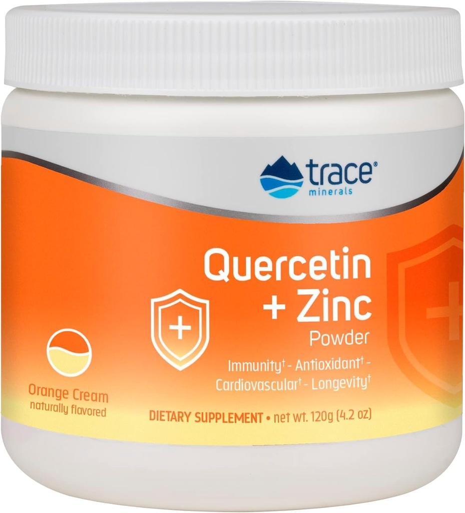 Polvere di zinco di Quercetin Plus - Supplemento antiossidante per il supporto immunitario - Supplementi minerali Salute cardiovascolare - Include vitamina C & ionica - Crema arancione, 120g (30 Serve)