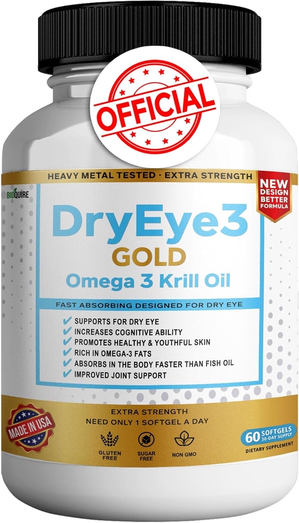 Asciugare occhio 3 Omega 3 Krill Olio Extra Forza, 60 Softgels, Supporto per occhi asciutti, Non OGM, Senza glutine, Zucchero Free (1)