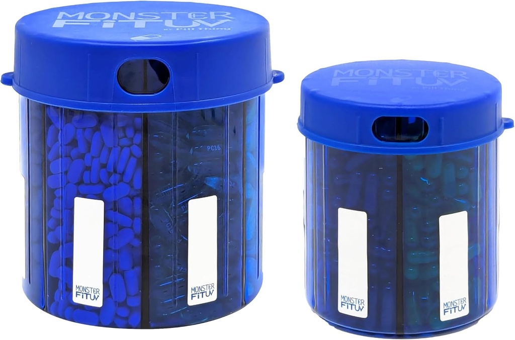 Dispenser per Pillole per Biscotti con Etichette di Confronto - Extra Large Pill Container Bottiglie Quasi Qualsiasi Supplemento - Facile da Dispensare (Monster Blue & Monster Jr. Blue)