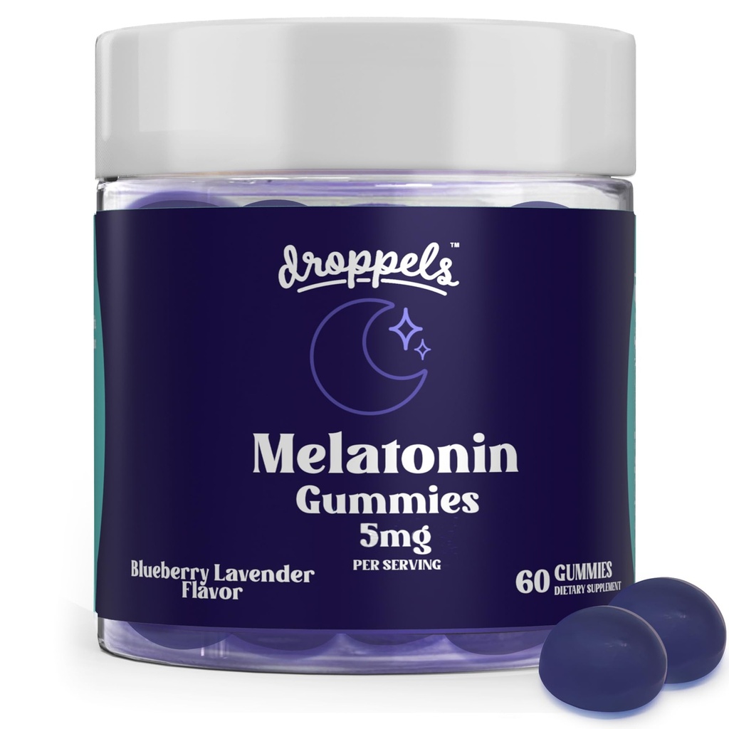Droppels Melatonin Gummies, 5mg – Plant-Based, Vegan Melatonin 5mg per il supporto naturale del sonno con l'estratto di camomilla, 60 Count, Blueberry Flavor (1-Month)