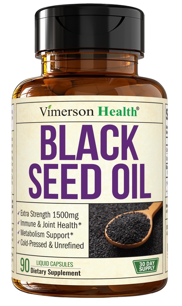 Olio di semi neri - Olio di semi nero pressato a freddo - Fornisce vitamina E & Omega 3 6 9 - Alta potenza (1500mg) per il supporto immunitario e misto, antiossidanti, digestione, unghie della pelle dei capelli - Vegan 90 Caps