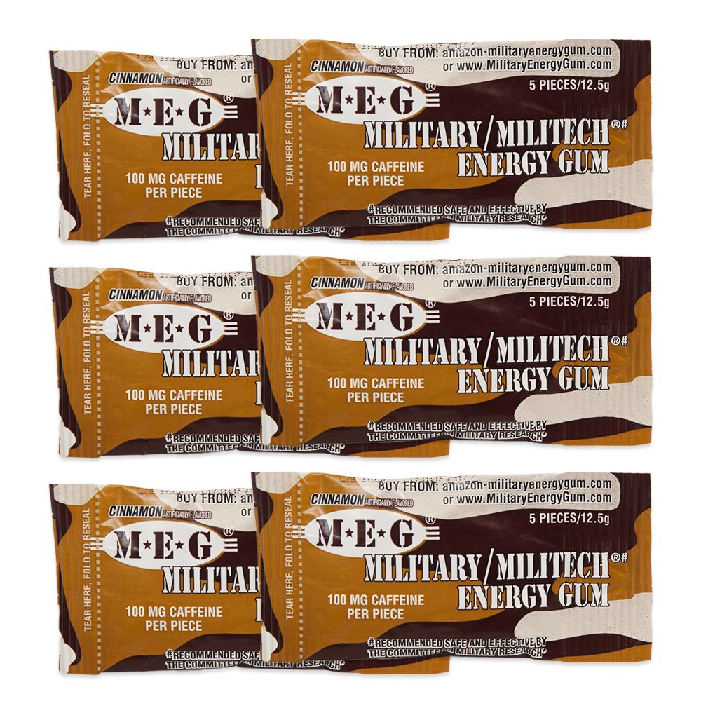 MEG - Energy Gum militare | 100 mg di caffeina per pezzo + aumentare l'energia + aumentare le prestazioni fisiche + cannella 6 pacchetto (30 conteggio)