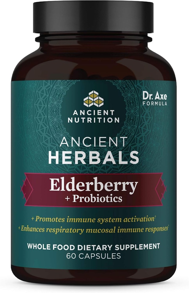 Antico integratore alimentare e probiotici, Antichi Herbals Black Elderberry Capsule, Supporto di sistema immunitario, Integratore alimentare completo, Senza glutine, Paleo e Keto Friendly, 60 capsule