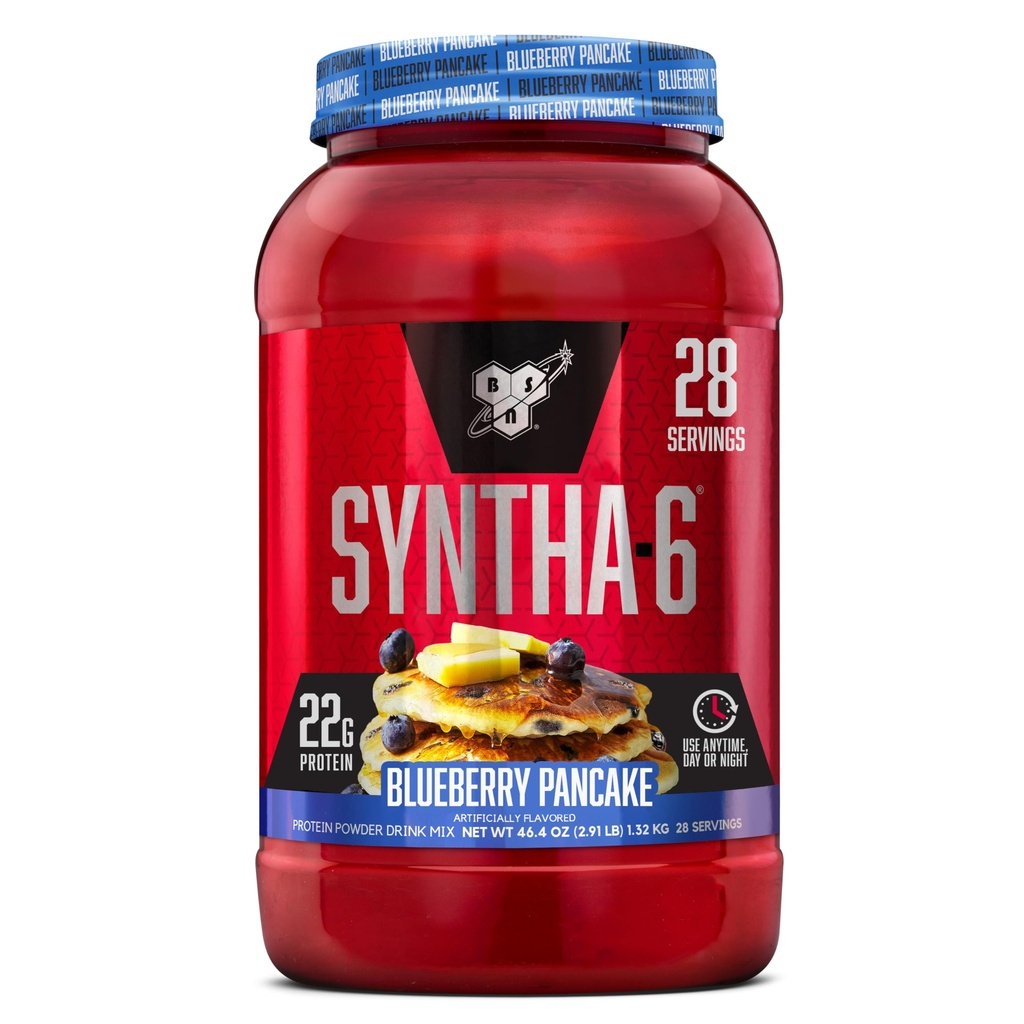 BSN SYNTHA-6 Polvere proteica Premium con 6g di fibre, proteine del siero, caseina micellare, miscela di isolato di proteine del latte, 5g grasso, pancake di mirtillo, 28 Serve (varia di maggio di imballaggio)