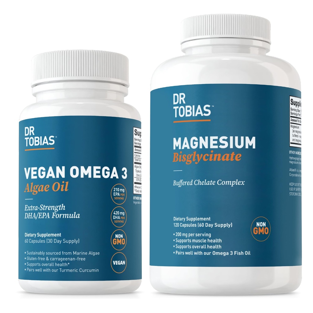 Dr. Tobias Vegan Omega 3 Algae Olio e Magnesio Bisglycinate, Essential Wellness Support per Cuore, Cervello, Muscolo, e Bone Salute, Non OGM, Vegan