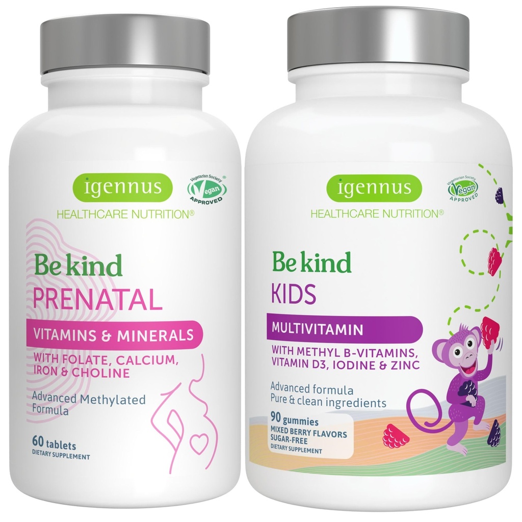 Ad alto assorbimento prenatale etilato + Advanced Kids Multivitamin Gummy Vegan Bundle, Etichetta pulita con vitamina A, B, C, D3 & E, 60 Compresse + 90 Gummie di sapore di bacche, essere gentile da Igennus