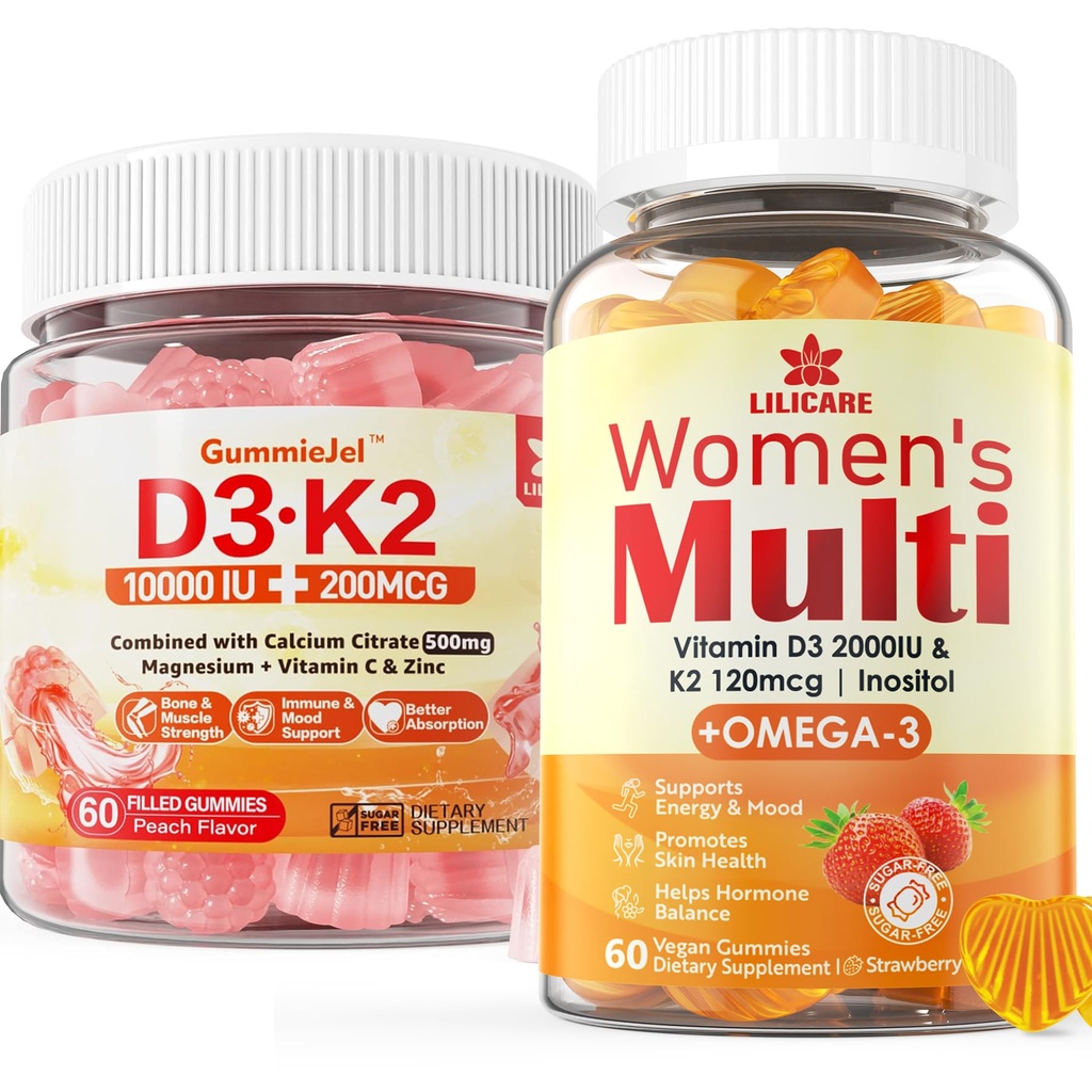 Zucchero-Free Vitamina D3 K2 Filled Gummies + Multivitamina per le donne Gummies