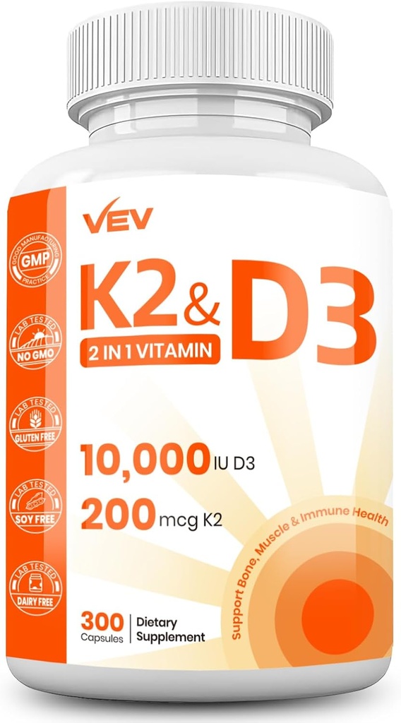 VEV Vitamina D3 K2 – Capsule facili da swallow, 300 capsule (Packaging May Vary)