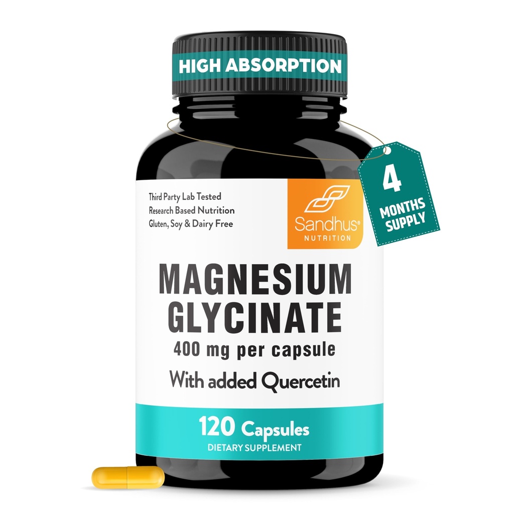 Sandhu's Magnesium Glycinate 400mg Capsule con Quercetin | Quality Sleep, Relax, Muscle Health & Immune Support | 120 Count (Pack of 1)