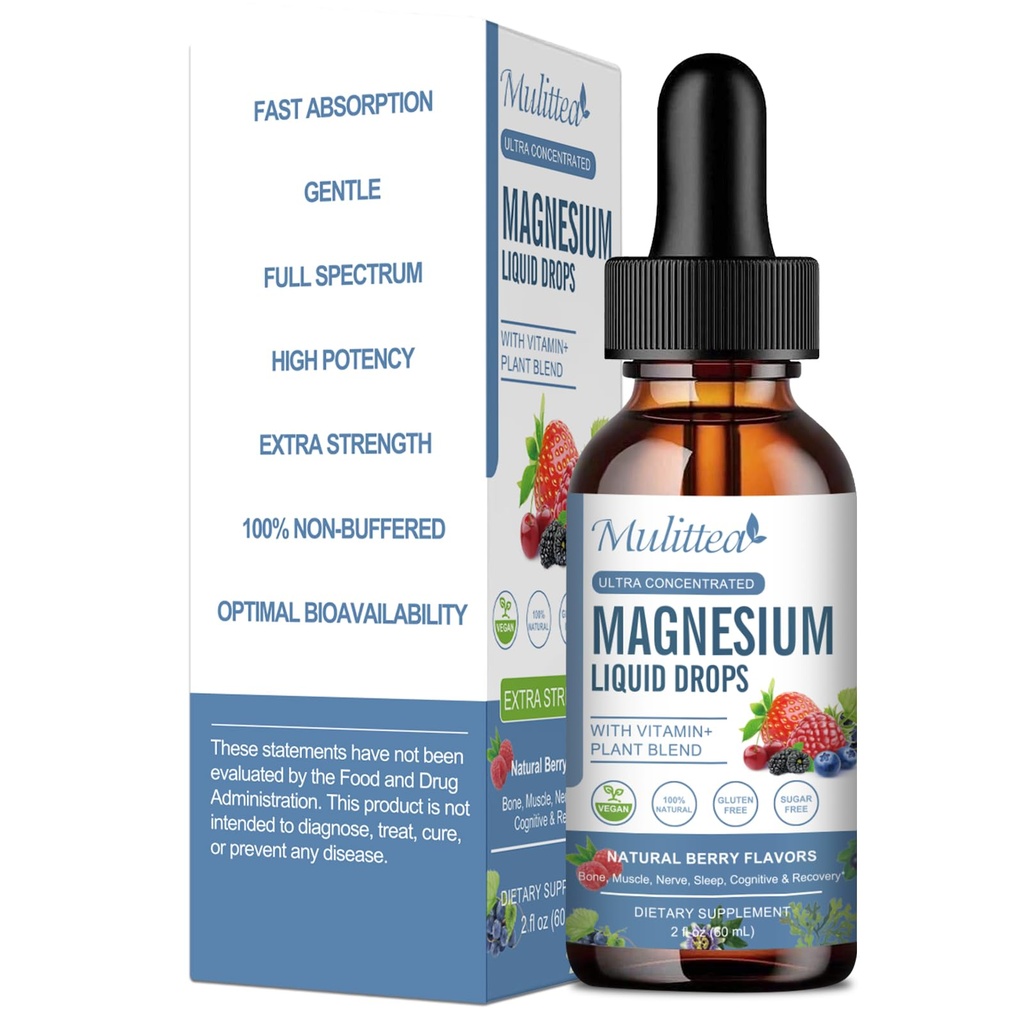 Goccia liquida di glicinato di magnesio - Supplemento di assorbimento triplo per sostenere le nervature, sonno, calma, cuore, muscoli * -Sgar-Free con potassio, L-teanina, Moss di mare, vitamina B, C, D3, K2-1Pack
