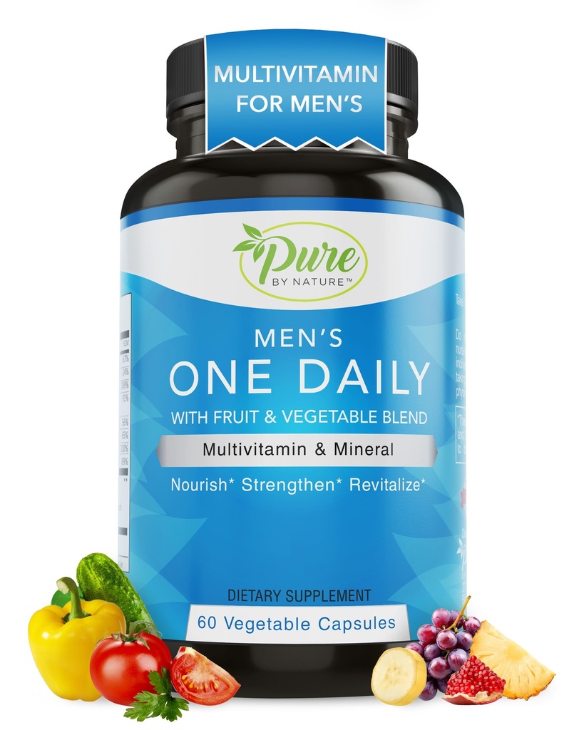 Pure By Nature One-Daily Multivitamin for Men, Integratore di Supporto Immune con Ingrediente Non OGM, Vitamina & Minerali per Energia, 60 Capsule Veggie