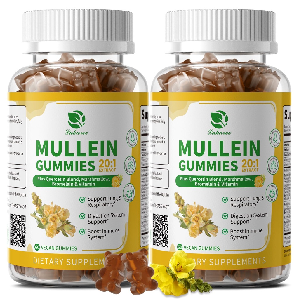 (2 Pack) 9 in 1 Gummie di Mullein per la pulizia polmonare & Detox, Estratto di foglie di Mullein ad alta resistenza w/Quercetin, Bromelain, Elderberry & Marshmallow per il respiratorio, Immune & Digestive, Vegan, 120 Conte