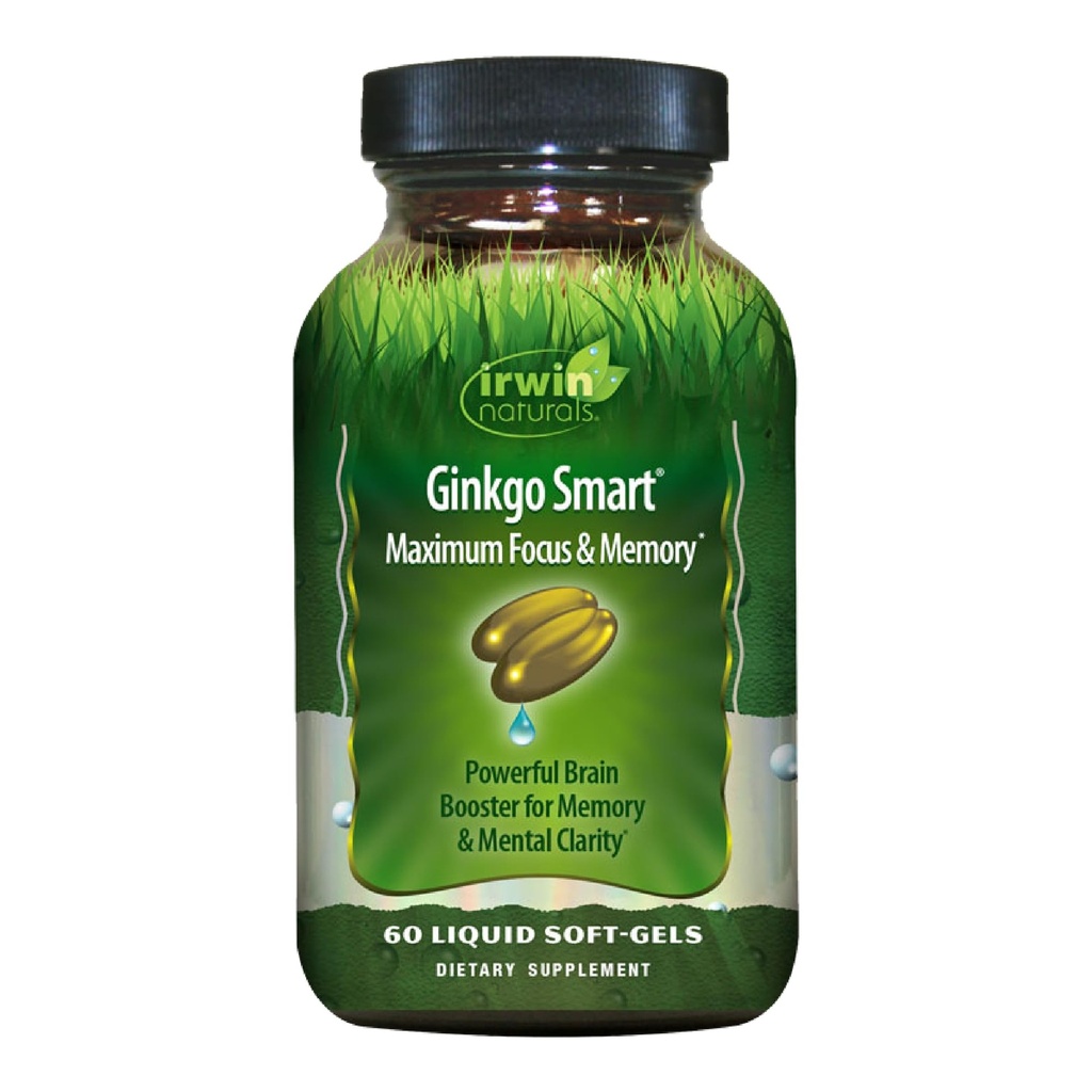 Irwin Naturals Ginkgo Smart Potente Booster Nootropic - Supporta Memoria Massima, Focus & Clarity Mentale con DMAE, Clubmoss, Choline & Acetyl L-Carnitine - 60 Liquid Softgels