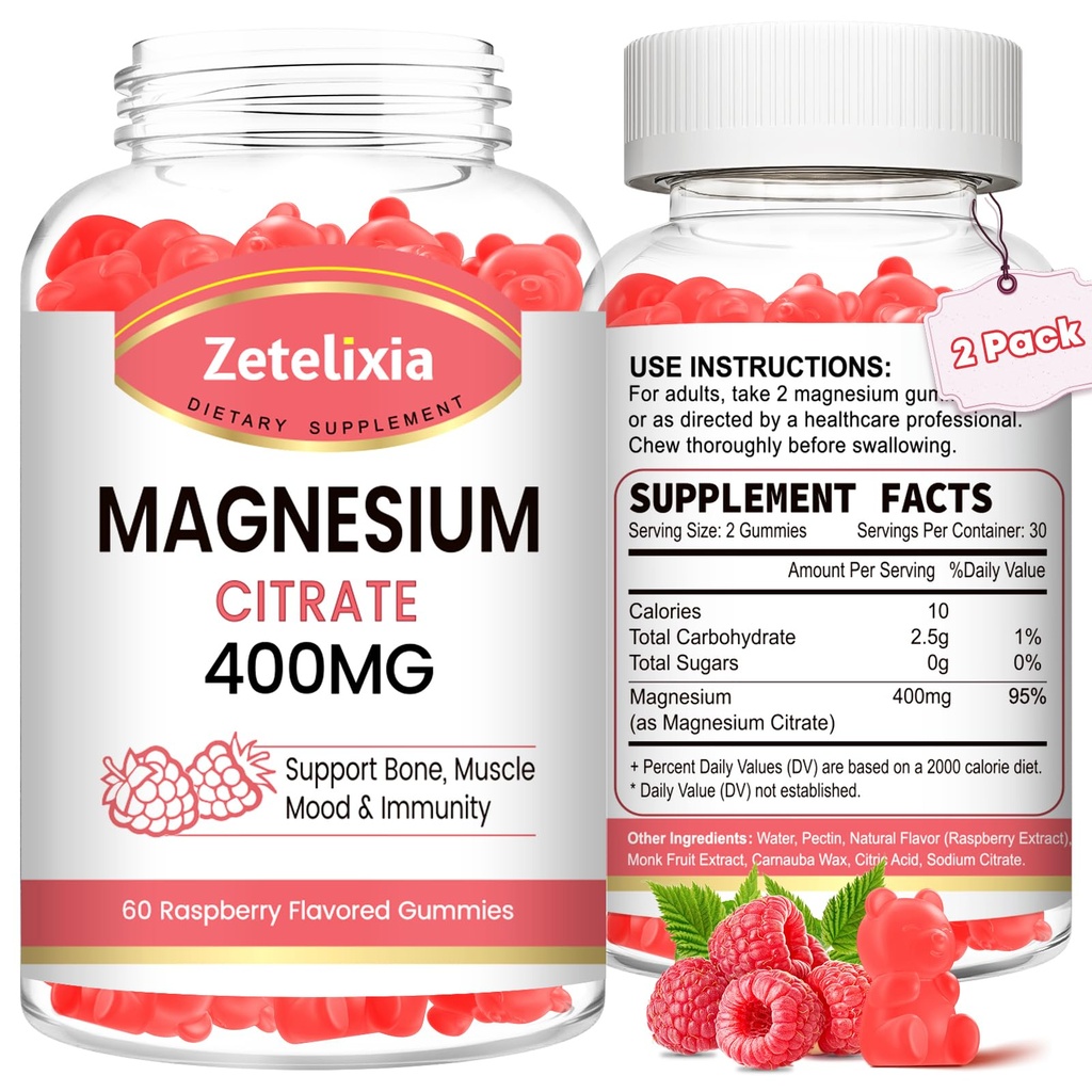 2 Pack Magnesio Citrato Gummies 400MG, Alti assorbenti Magnesio Gummies per adulti, Muscolo e denti di sostegno, Vegan 120 Cts