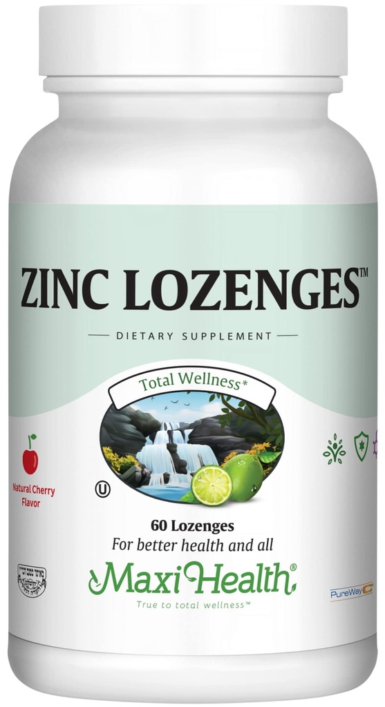 Maxi-Health Zinc Lozenges - Citrato di zinco 10mg - con vitamina C - Ciliegia aroma - 60 Masticabili - Kosher