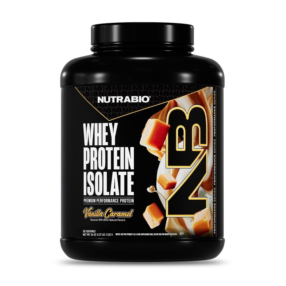 NutraBio 100% Whey Protein Isolate Protein Powder, 25g Protein con profilo completo dell'aminoacido, Non-GMO, Soy & Gluten Free, Carbo basso, Polvere di proteine del siero di calorie bassa, Vanilla Caramel, 5 Lbs