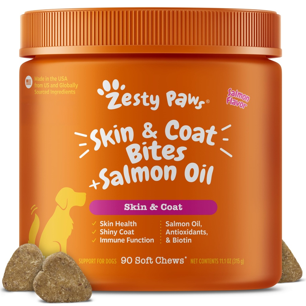 Zesty Paws Salmon olio per cani pelle e cappotto, Omega 3 Fish Oil Chews, Dog Allergy Relief Chews, Itch Relief Supplement, 90 Conte, Salmon Flavor