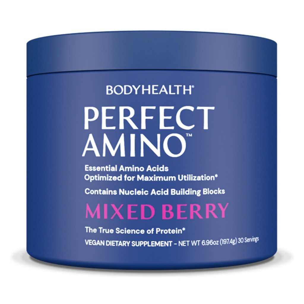 BodyHealth PerfectAmino Powder - BCAA e EAA Polvere per pre e post allenamento - Aminoacido Energy Drink per gli uomini e le donne per sostenere muscolare magra e recupero - Bacche miste - 30 Serve