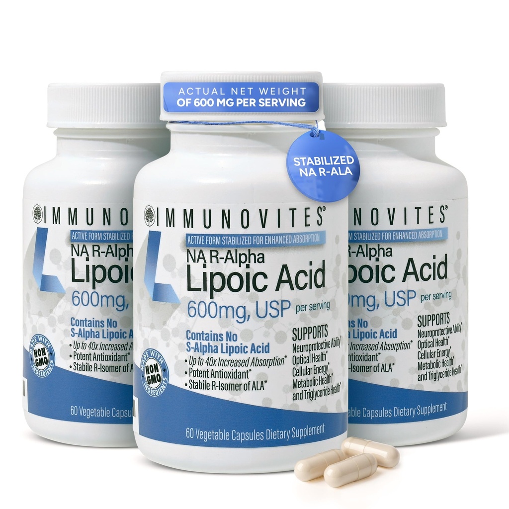 IMMUNOVITES 3-Pack Stabilized R-Alpha Lipoic Acid ((True))) 600mg per Serving [[High Potency & up 40x Aumento dell'assorbimento]] (Na R-ALA) (Na R-LA) (Na R-Lipoate) (3 Bottiglie)