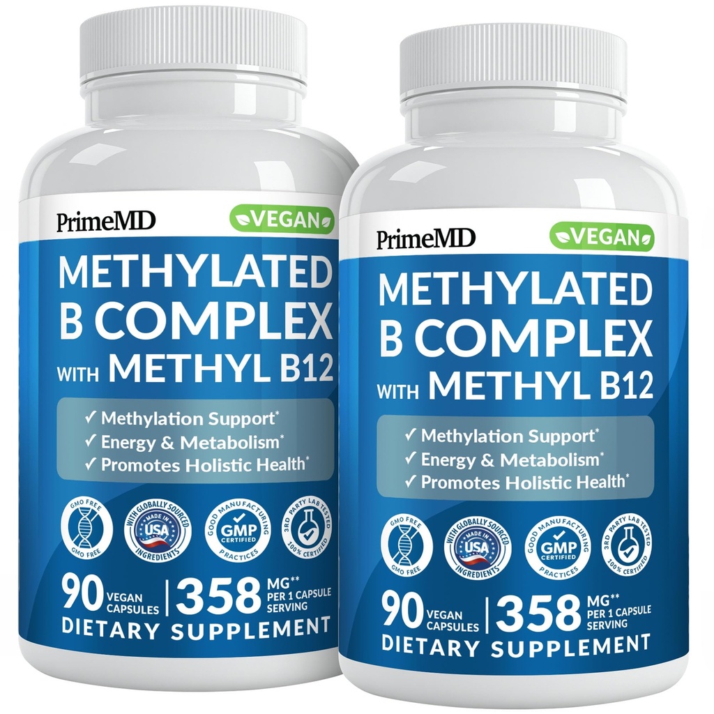 Complesso B etilato con Methylfolate e B12 Methylcobalamin 1000 mcg - Multivitaminico metilato per energia, funzione del cervello e benessere - Vitamina B Complesso per uomini e donne (180 Serve, Confezione di 2)