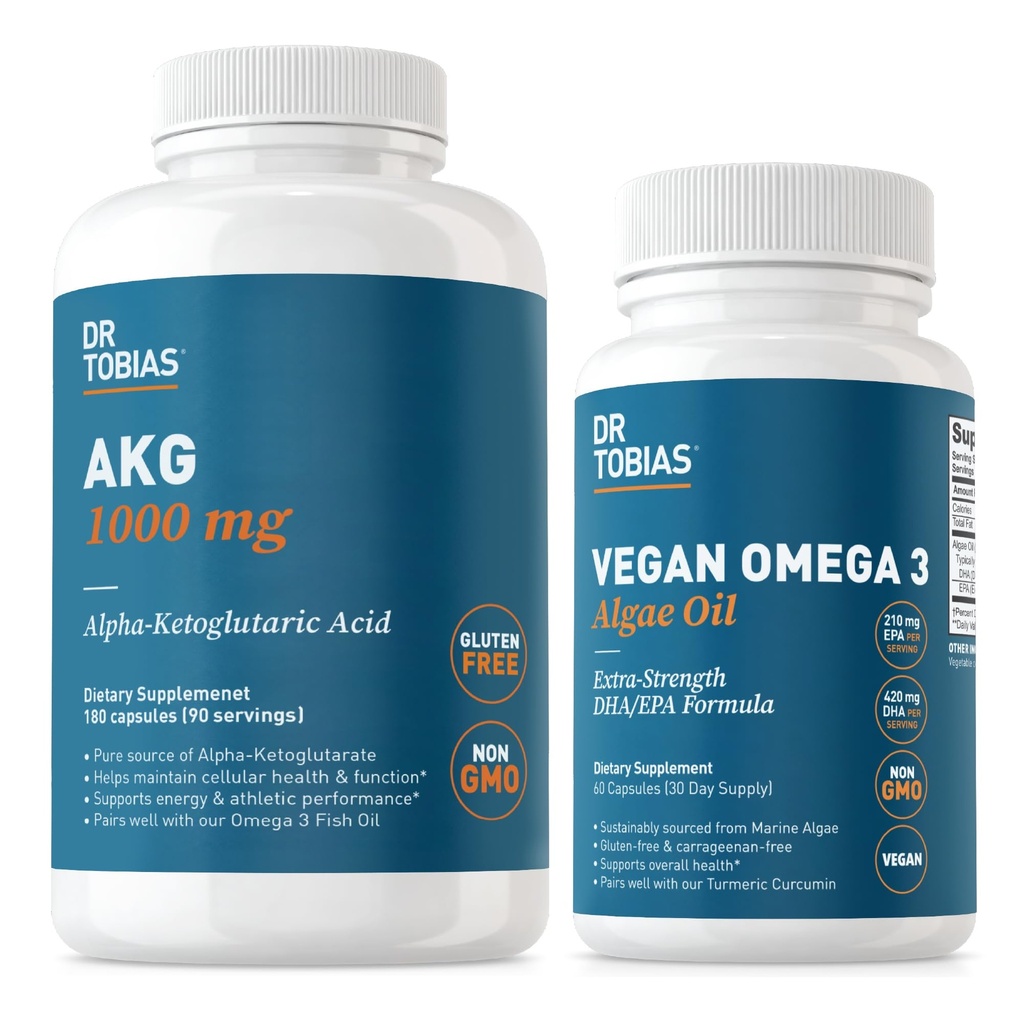Dr. Tobias AKG Integratore & Vegan Omega 3 Algae olio, Supporta l'energia cellulare e la salute generale con AKG, EPA & DHA, Vegan, senza glutine, Non OGM