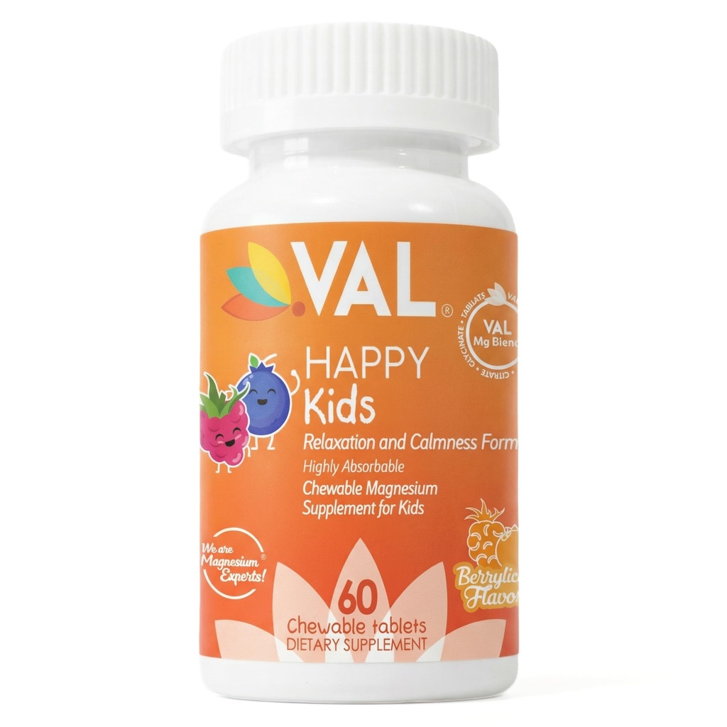 VAL Magnesio per bambini | Magnesio ad alto assorbimento per calma, rilassamento e messa a fuoco | Mg Glycinate, Citrate & Taurate | con vitamina B6, D & C | Zucchero-Free, Non OGM | 60 compresse masticabili