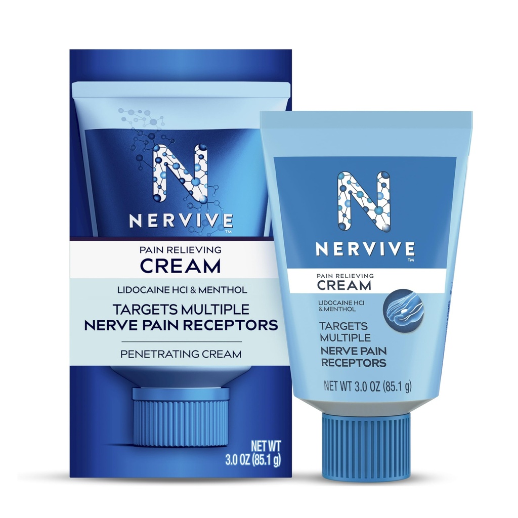 Nervive Pain Relieving Cream, Max Strength Non-Greasy Topical Pain Reliever con Lidocaina e Mentolo per Toes, Piedi, Fingers, Mani, Legs & Arms, 3.0oz