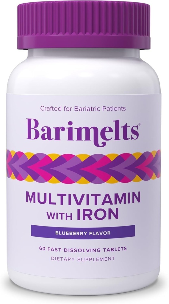 BariMelts Bariatric Multivitamin con Ferro - 1 Mese di Alimentazione (60 Tavole Fast-Dissolving) - Senza Zucchero - Post-Op Vitamine Bariatriche - Natural Blueberry Flavor