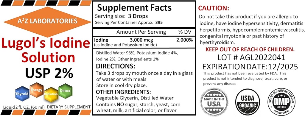 2 x 2 OZ Pack A2Z Organic Lugol' iodio e Potassium Iodide 2% Soluzione 3000 mcg - Supplemento liquido Gocce per il supporto tiroide per le donne e gli uomini, Metabolismo Salute, Detox Boost -2X 2 Fl Oz/USA