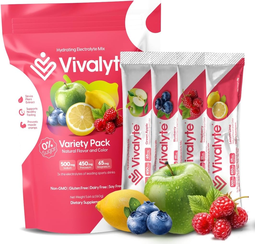 Polvere di elettrolito senza zucchero Stevia addolcito 100% naturale idratazione Packets - 20 conte | Sodio, Citrato di potassio & Magnesio L-Threonate (5.64, Variety Pack)