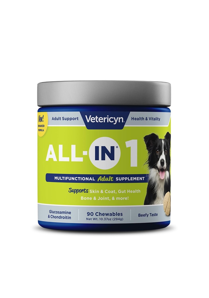 Vetericyn All-in 1 Integratore multifunzione per cani | Enzimi digestivi + Glucosamina e Condroitina per Bone e Supporto congiunto + Vitamine, Antiossidanti, Prebiotici, Probiotici e Omega. 90 Conte