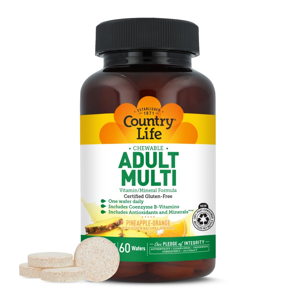 Masticabile Multivitaminico per Adulti con Coenzima B-Vitamins, Antiossidanti, Minerali, Ananas-Orange Flavor - Supporta Metabolismo Energetico e Salute Immune, Gluten Free - 60 Wafers