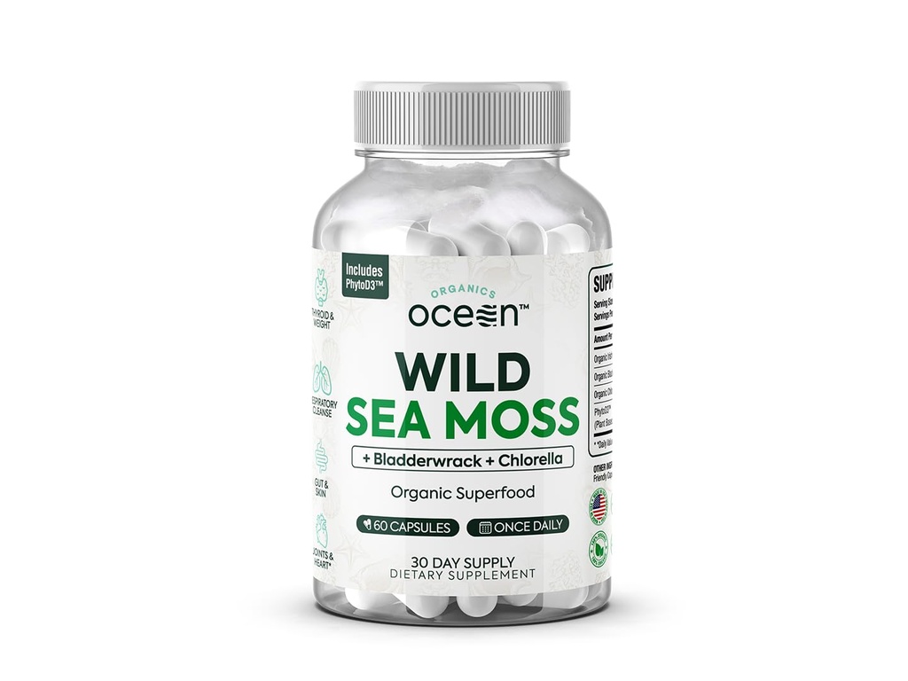 Organics Ocean Wild Sea Moss Capsule - 100% Organic Irish Sea Moss con clorella Organica, Bladderwrack e vitamina D per l'energia, la salute polmonare e il supporto tiroide per le donne e gli uomini - 60 capsule