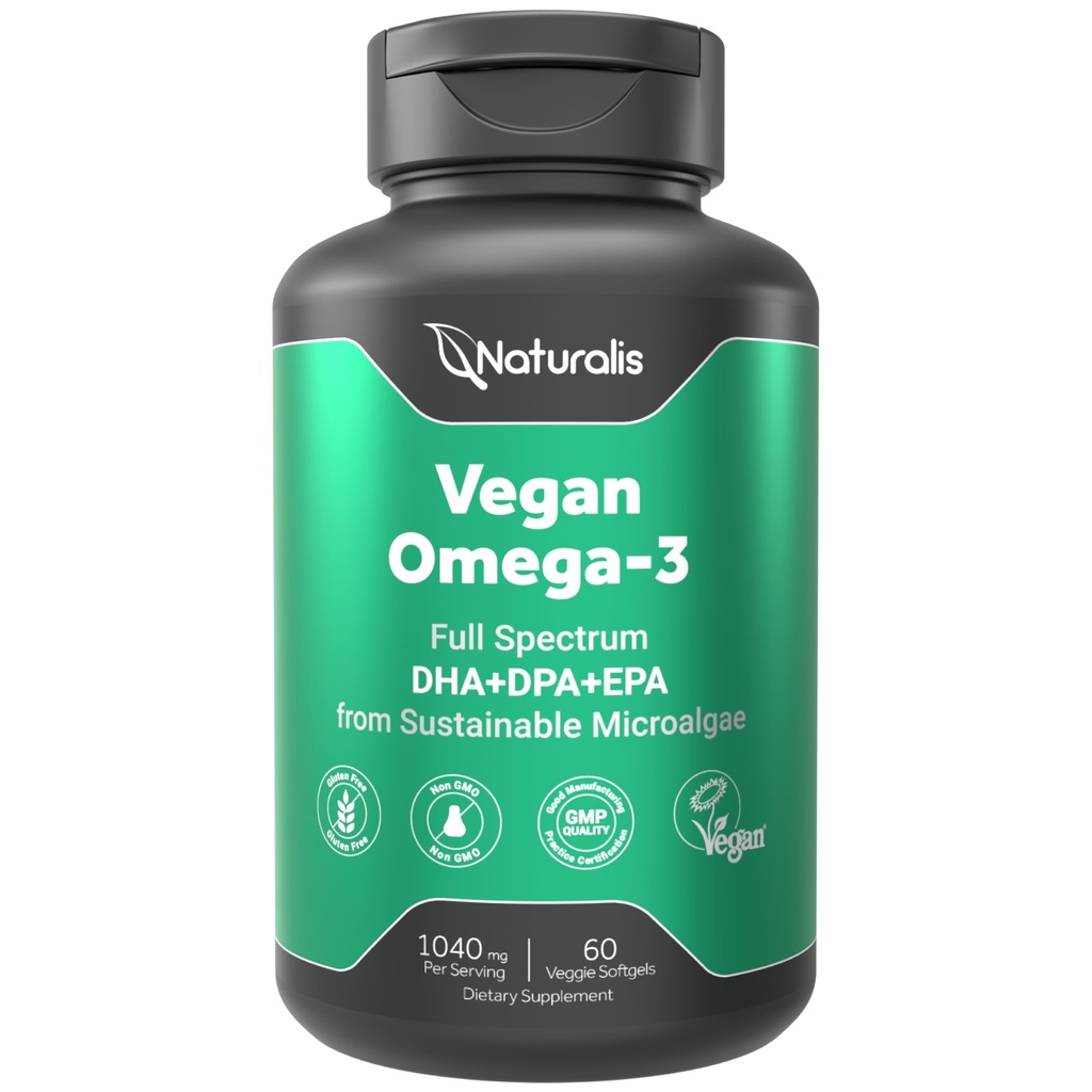 Naturalis Vegan Omega 3 DHA, EPA & DPA da Algae | Vegan Society Certified, Sostenibilmente Sourced, True Full Spectrum | 60 Veggie Softgels (Carrageenan Free)