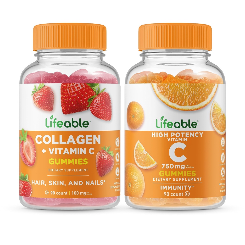 Collage Lifeable & Vitamin C + Vitamina C 750mg, Gummies Bundle - Grande Degustazione, Supplemento di vitamina, Senza glutine, OGM libero, pancia masticabile