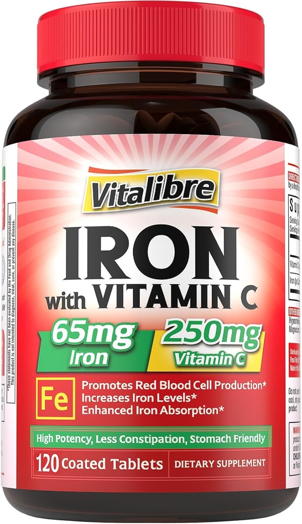Supplemento di ferro 65mg con vitamina C, ferro di carbonio amichevole di Stomach, alta potenza e assorbimento, per livelli di energia e ferro sani, supporta la produzione di globuli rossi, 120 compresse