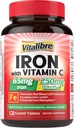 Supplemento di ferro 65mg con vitamina C, ferro di carbonio amichevole di Stomach, alta potenza e assorbimento, per livelli di energia e ferro sani, supporta la produzione di globuli rossi, 120 compresse