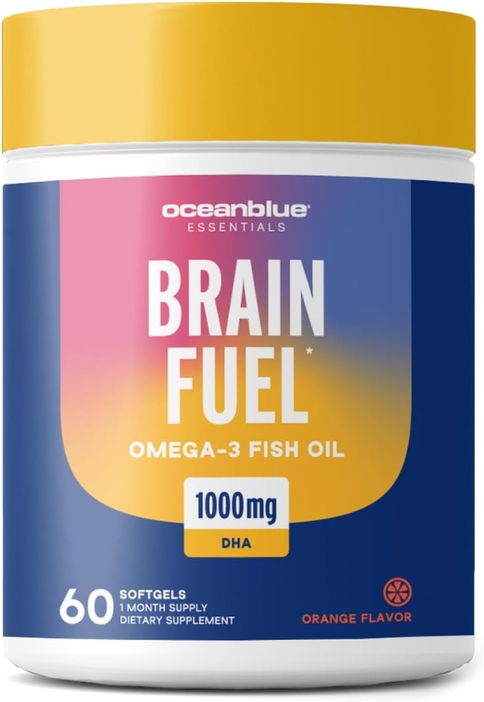 Oceanblue Essentials Brain Fuel – 60ct – Burpless Fish Oil – High Potency Omega 3 DHA Supplemento per il cervello e il sostegno agli occhi – 1000 mg – Tasty Orange Flavor – 1 mese di fornitura